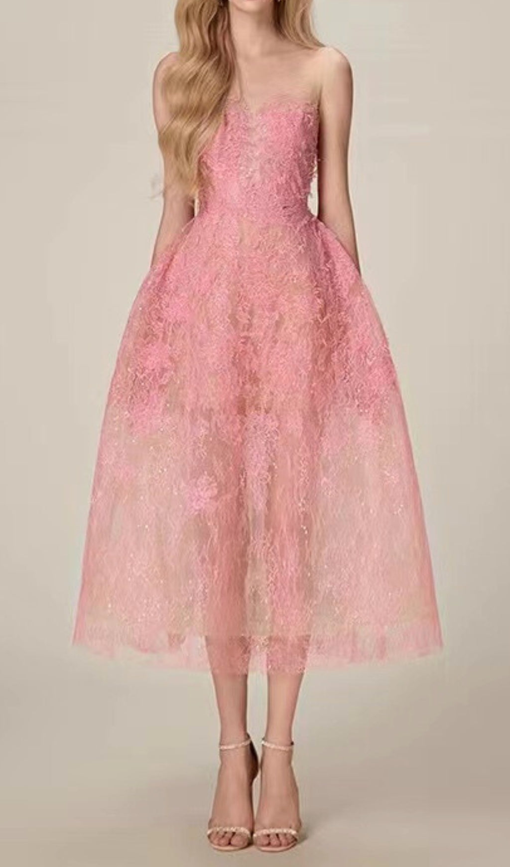 Allyson Pink Floral Lace Embroider Midi Dress