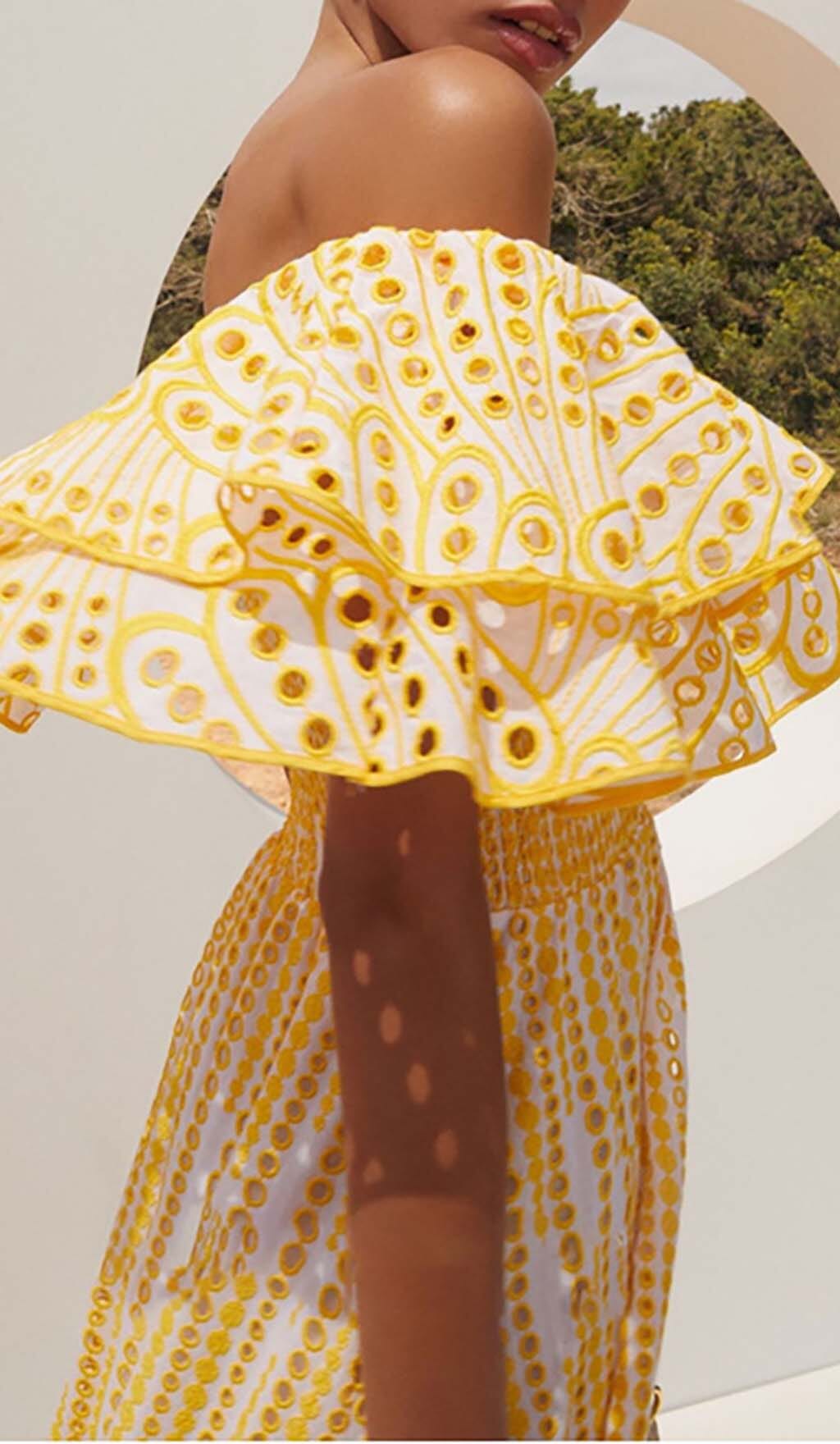 Ruffle Cold Shoulder Midi Dress In Yellow