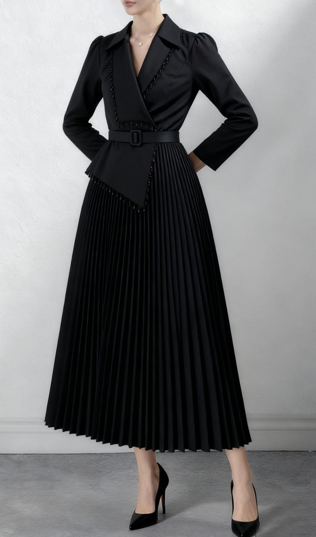 Ino Black Elegant Wrap Midi Dress - Long Sleeve & Pleated for Sophisticated Style
