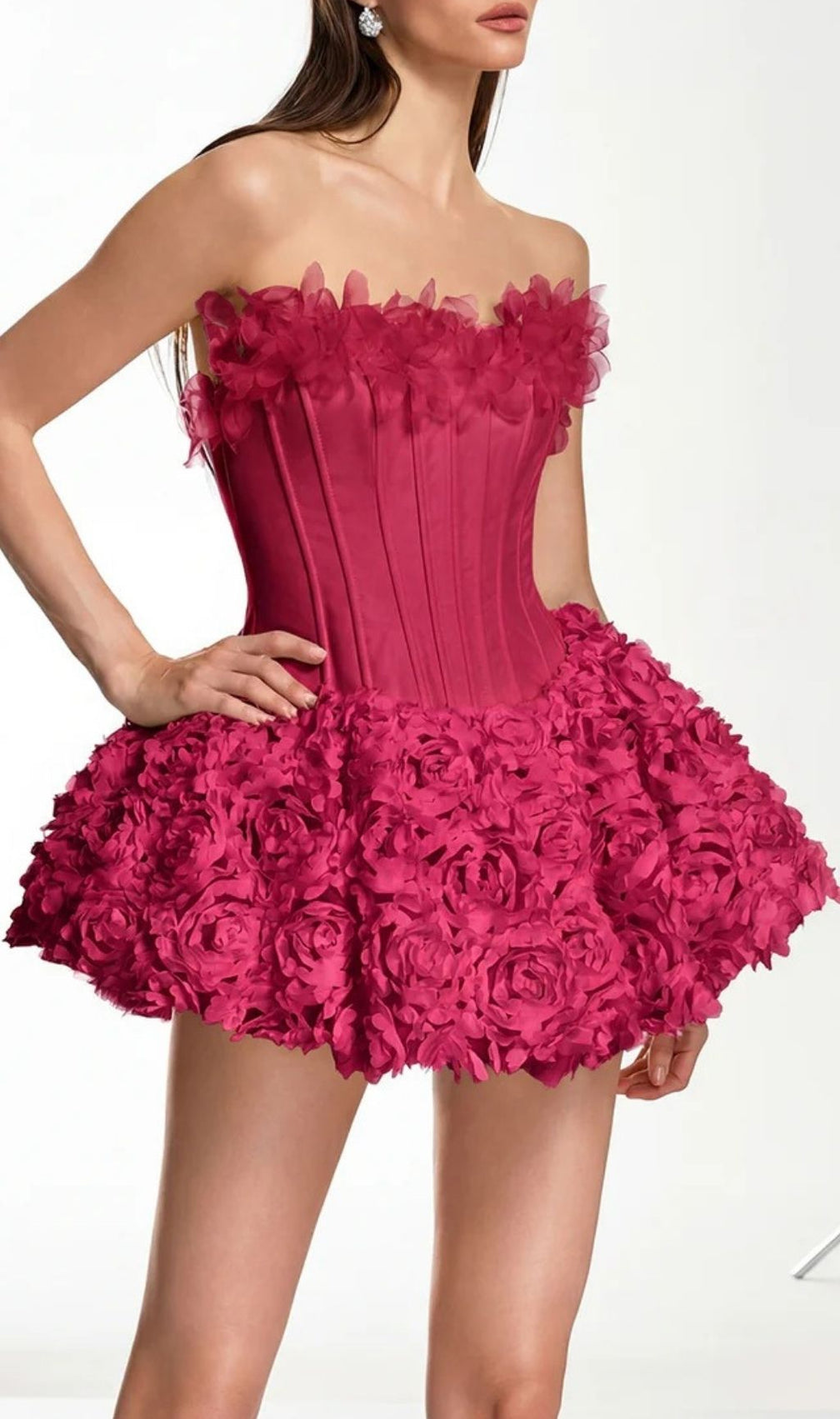 Ulthar Strapless Flower Mini Dress In Hot Pink