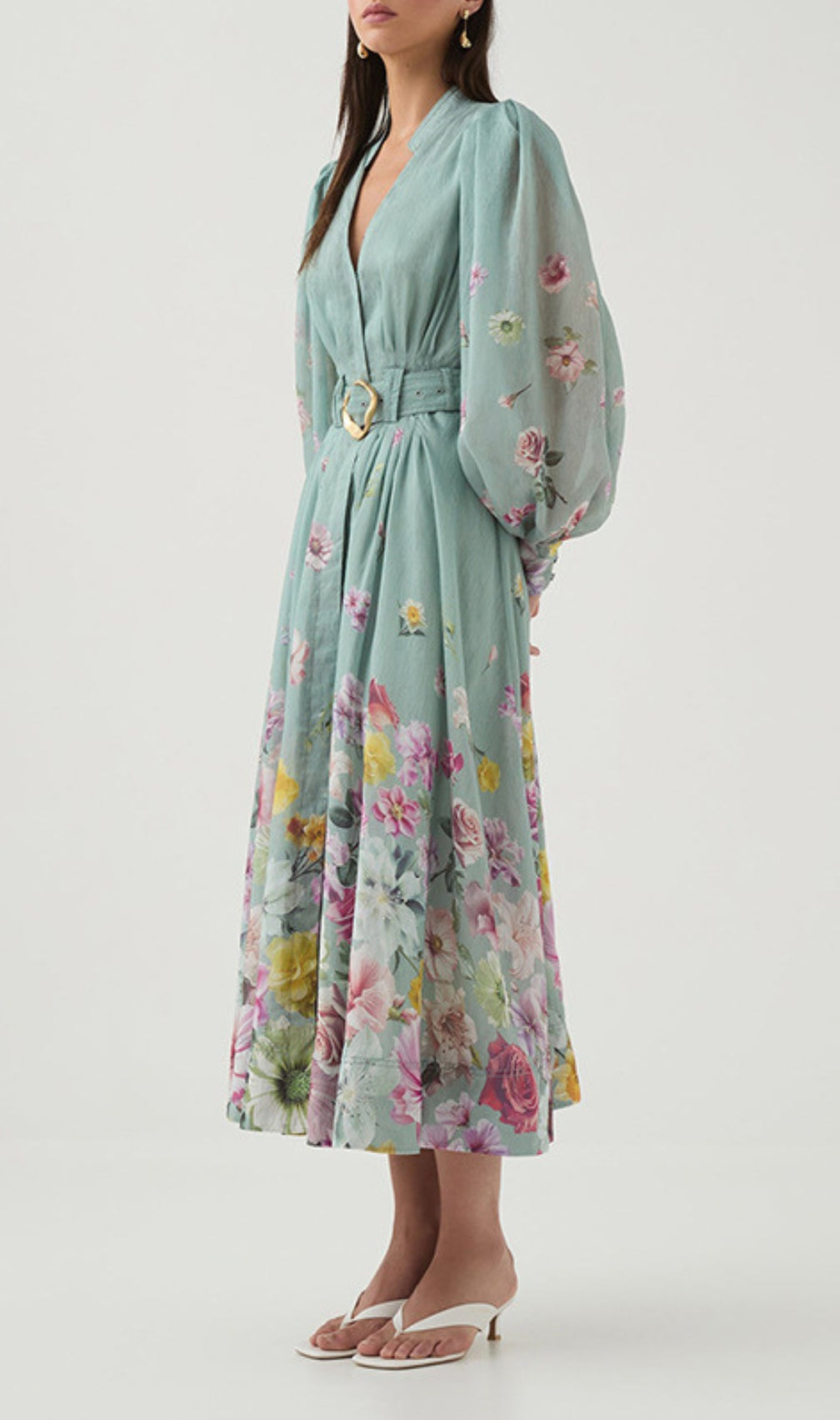 Elsie Green Lantern Sleeve Floral Midi Dress