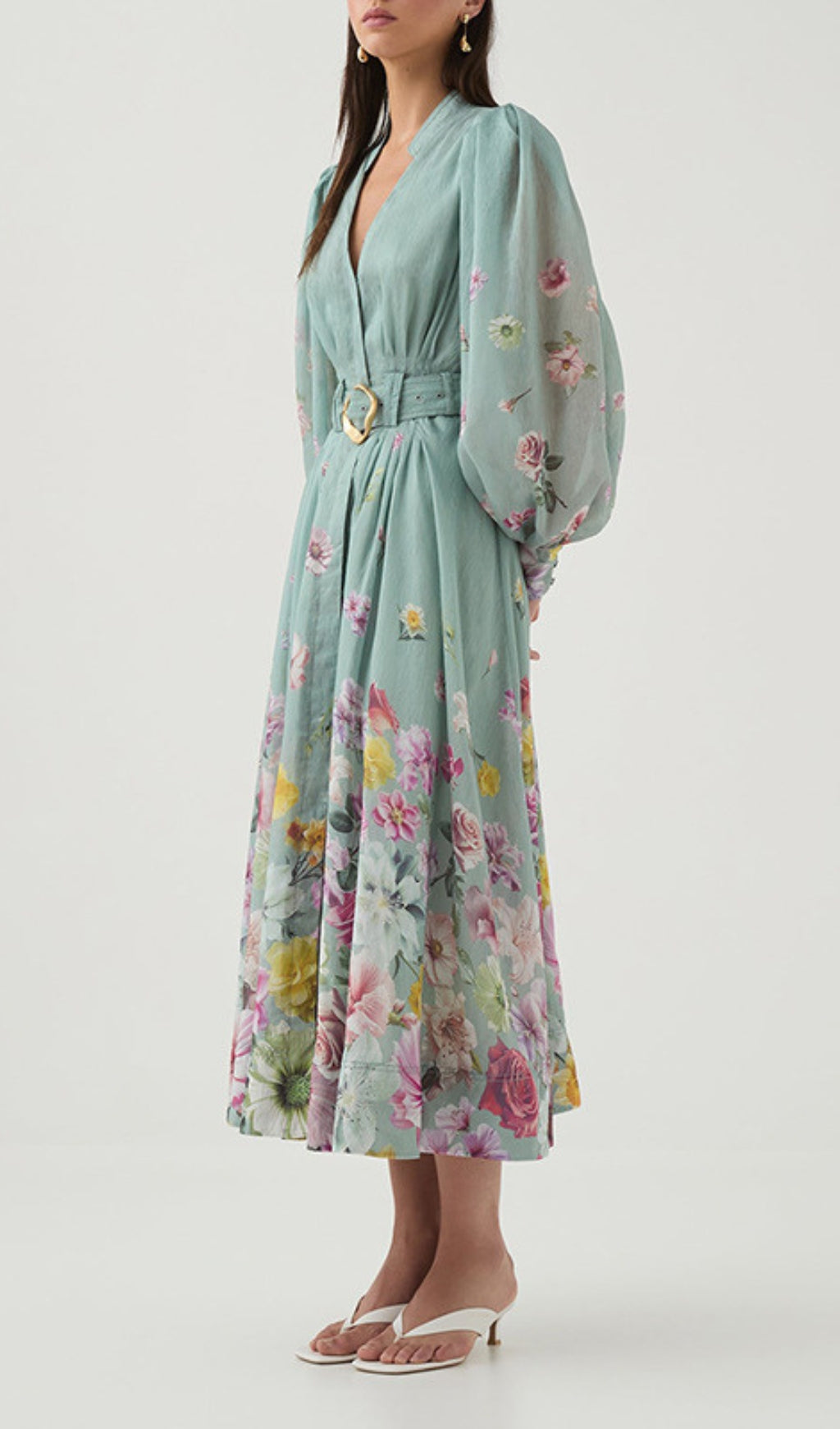 Elsie Green Lantern Sleeve Floral Midi Dress