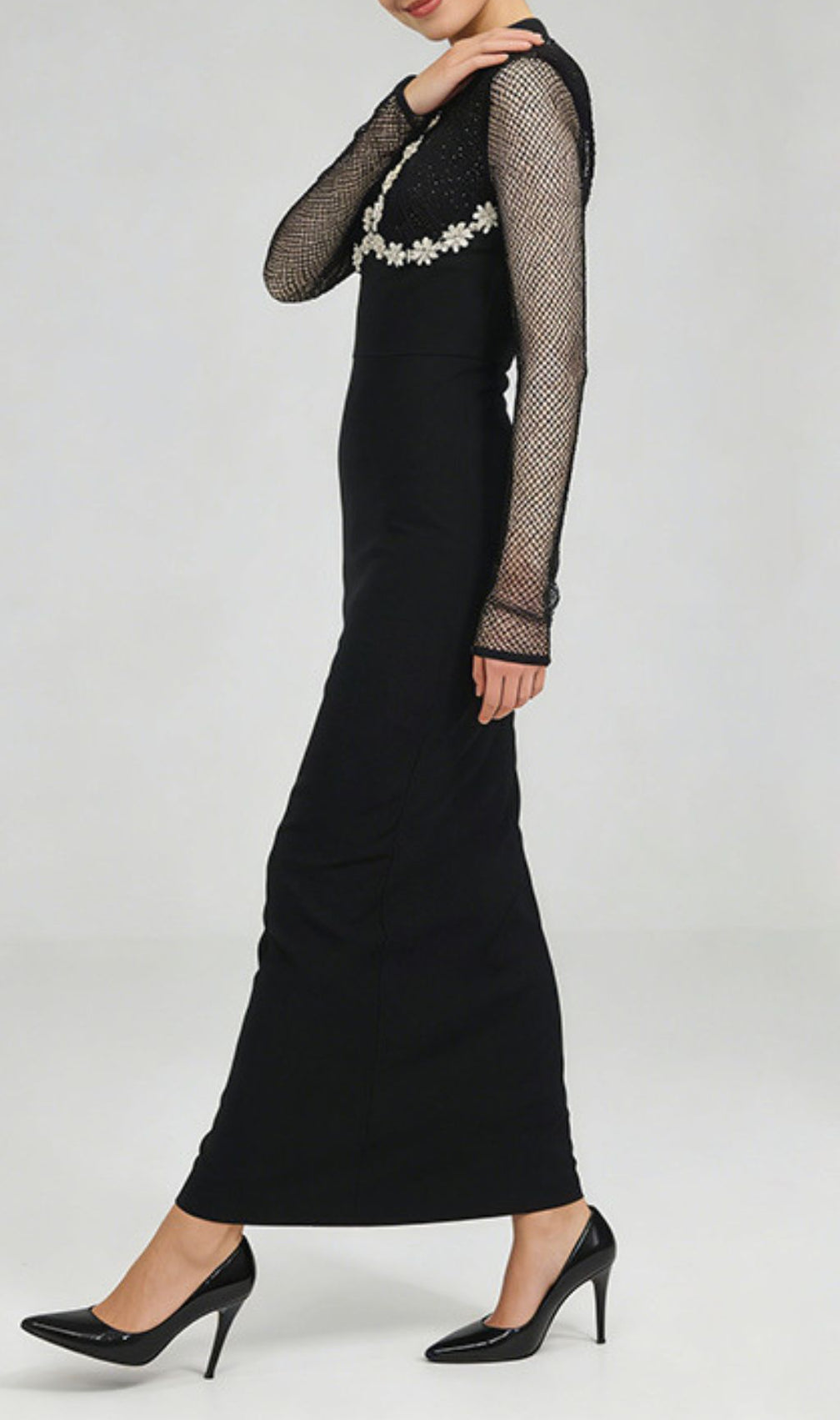 Jaliyah Black Embellished Mesh Sleeve Maxi Dress | Elegant Long Sleeve Gown
