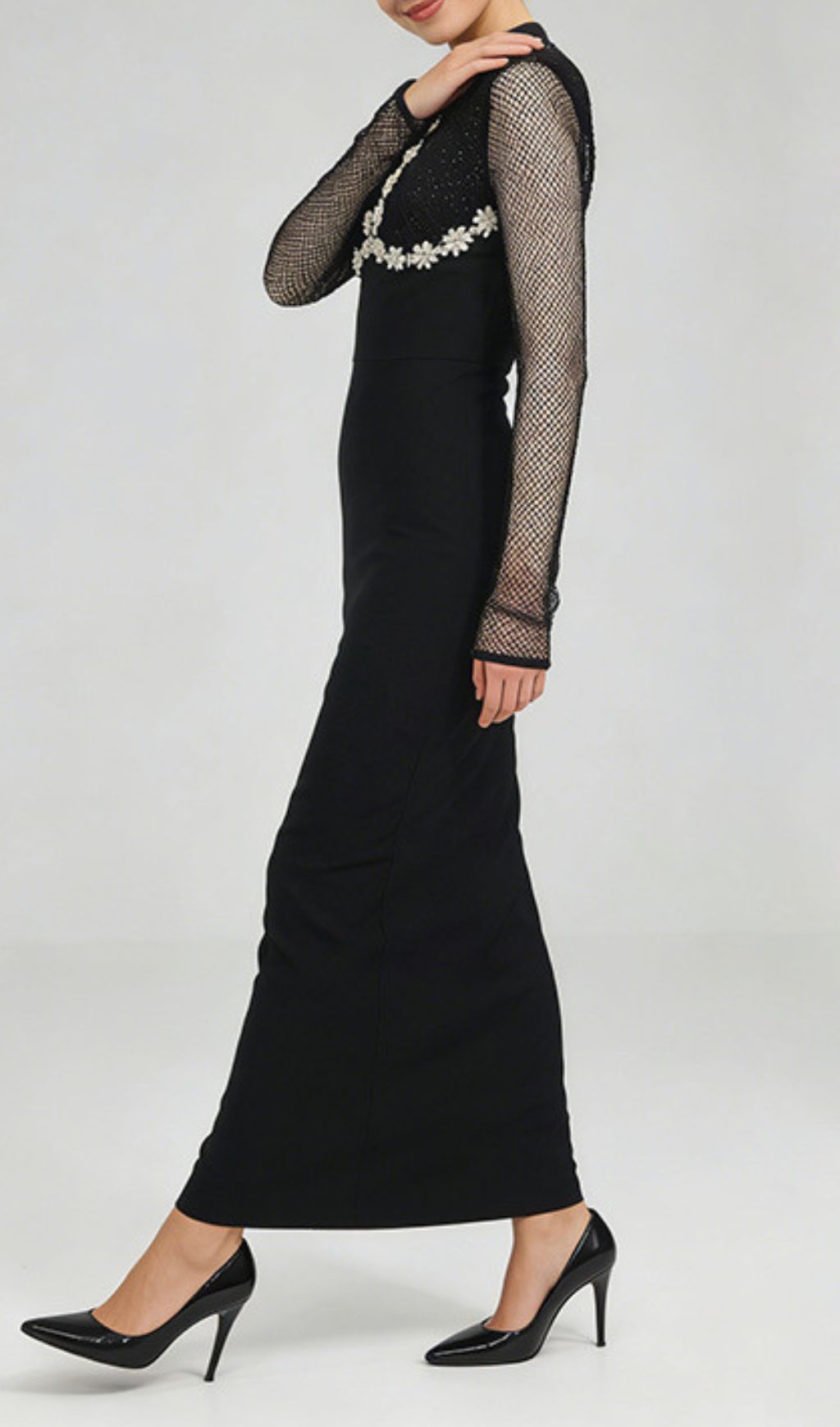 Jaliyah Black Embellished Mesh Sleeve Maxi Dress | Elegant Long Sleeve Gown