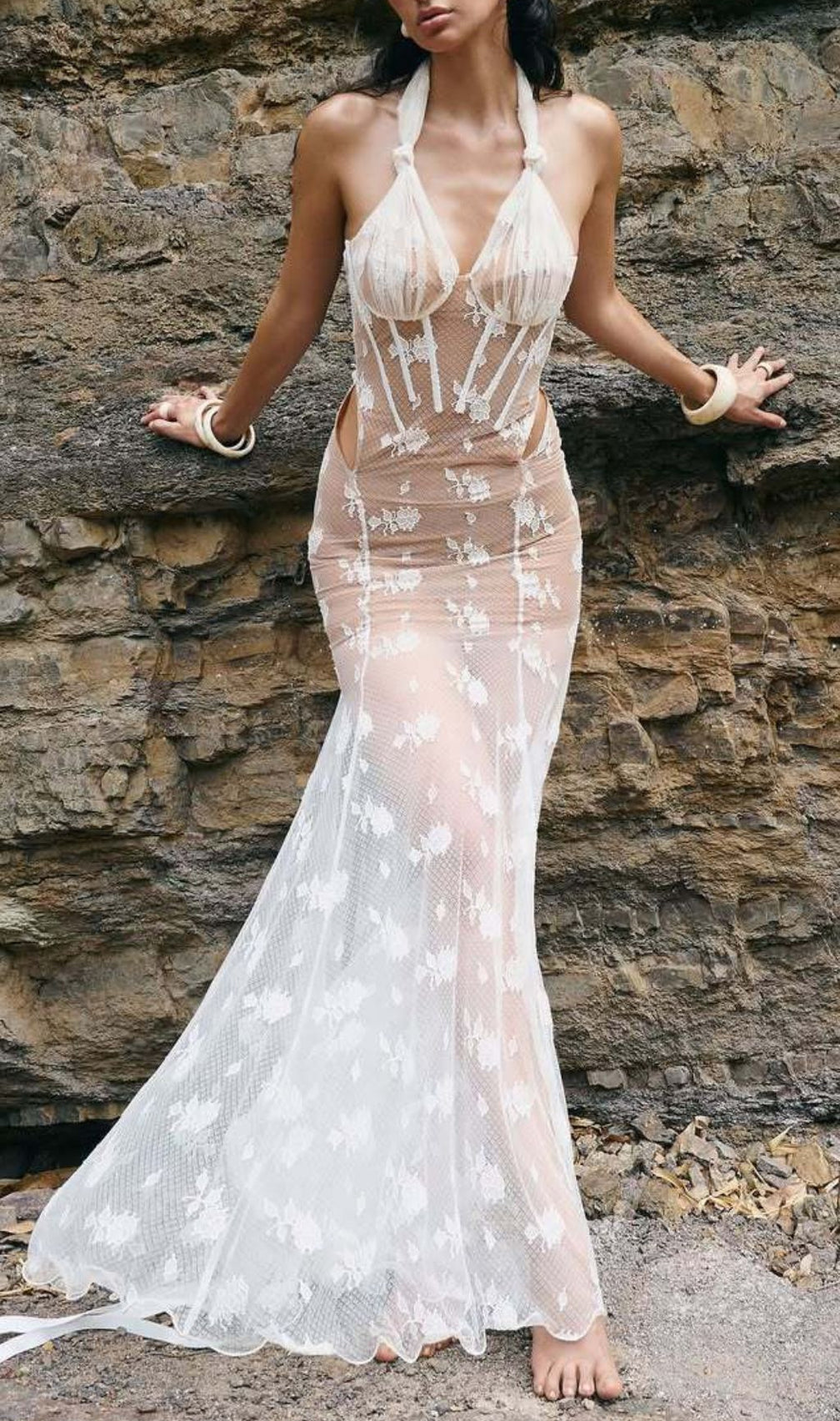 “Joanne” Elegant Sheer Floral Lace Halter Corset Maxi Gown