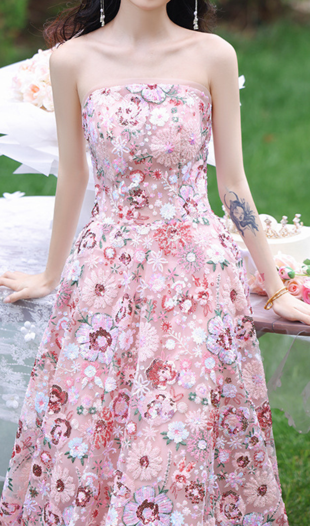 Geovany Pink Strapless Flower Sequin Maxi Dress