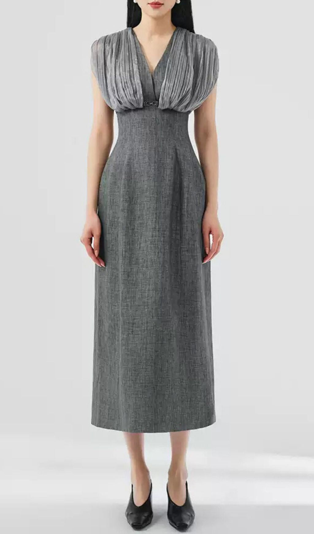 Galina Grey V-Neck Midi Dress