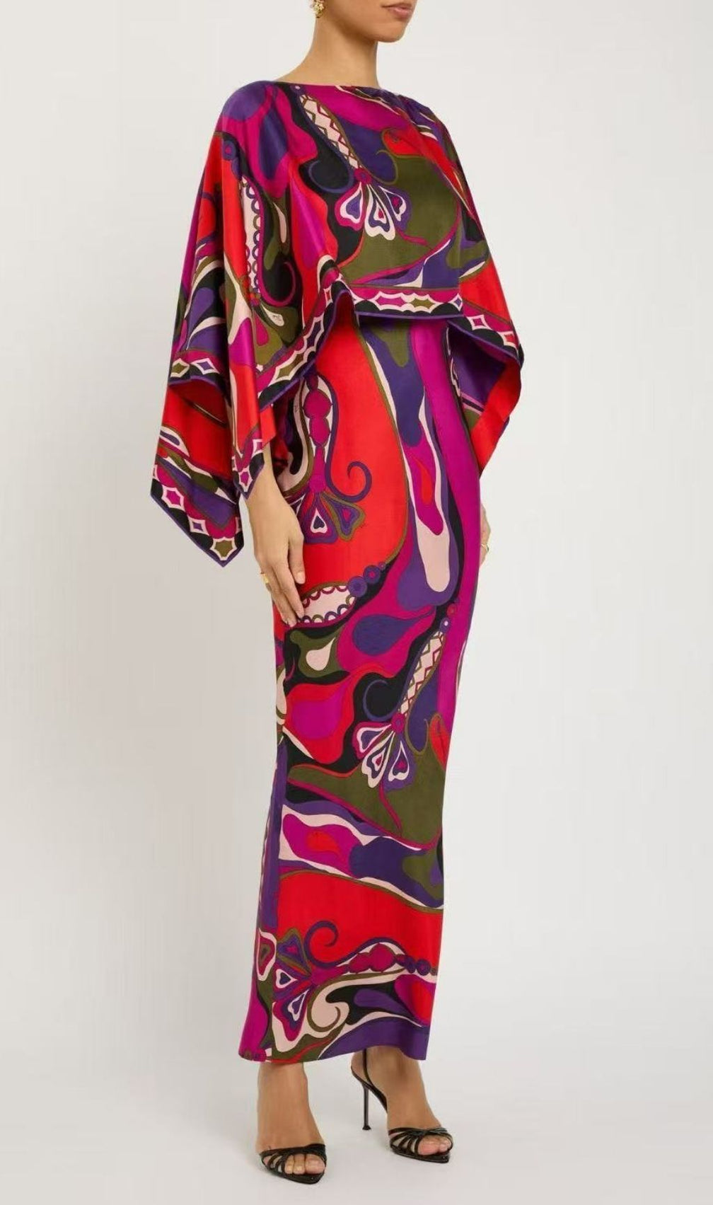 Keller Vibrant Abstract Print Maxi Dress with Dramatic Cape