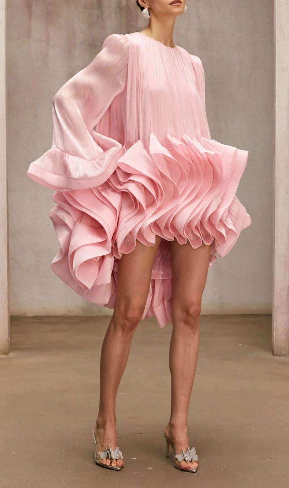 Pink Ruffled Tiered Mini Dress with Dramatic Flare Sleeves