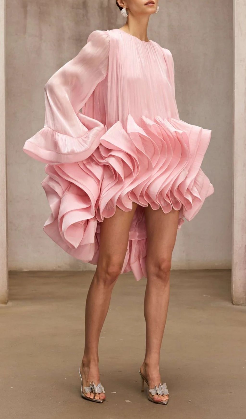 Pink Ruffled Tiered Mini Dress with Dramatic Flare Sleeves