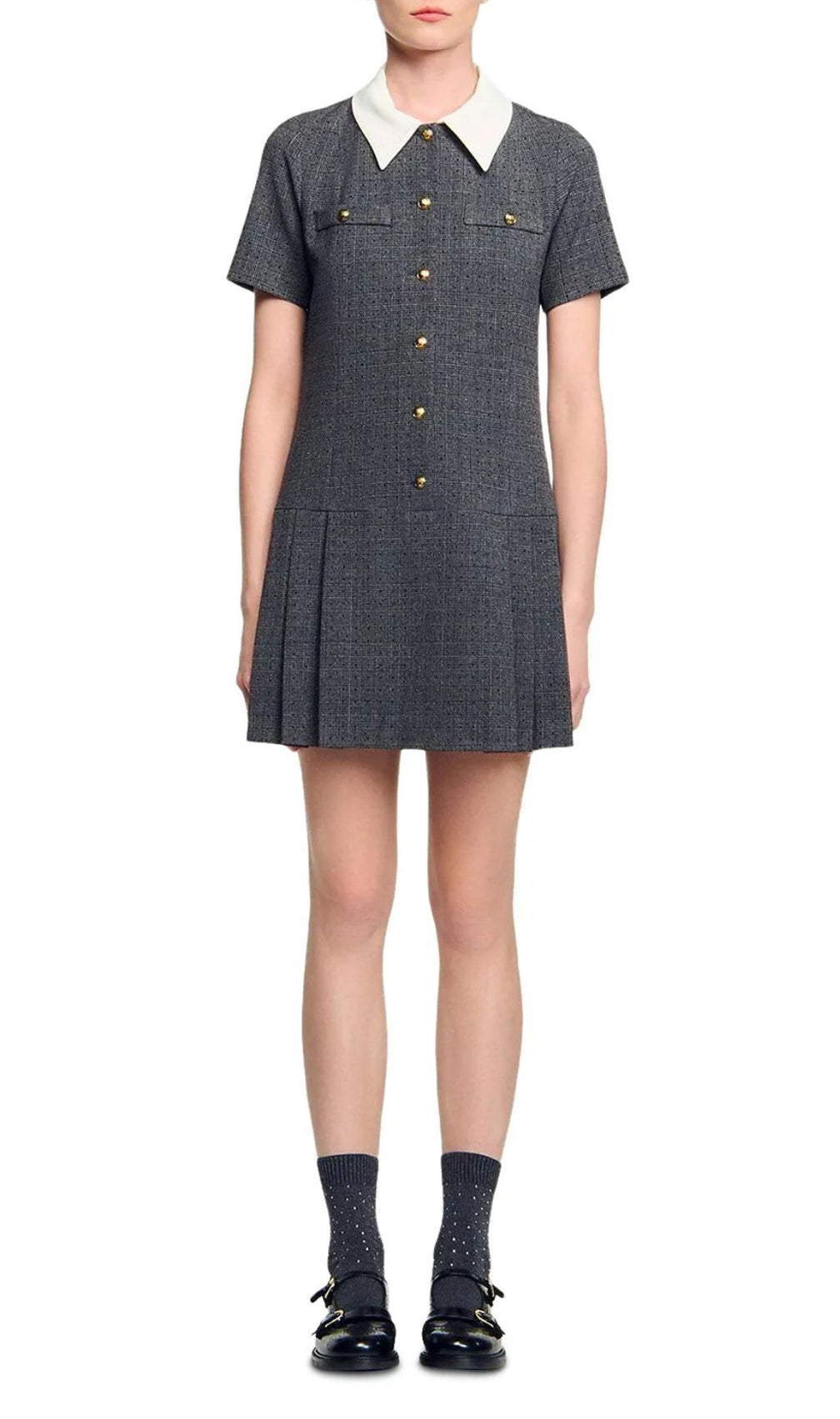 Chic Peter Pan Collar Mini Dress - Gray Tweed with Pleats & Golden Accents