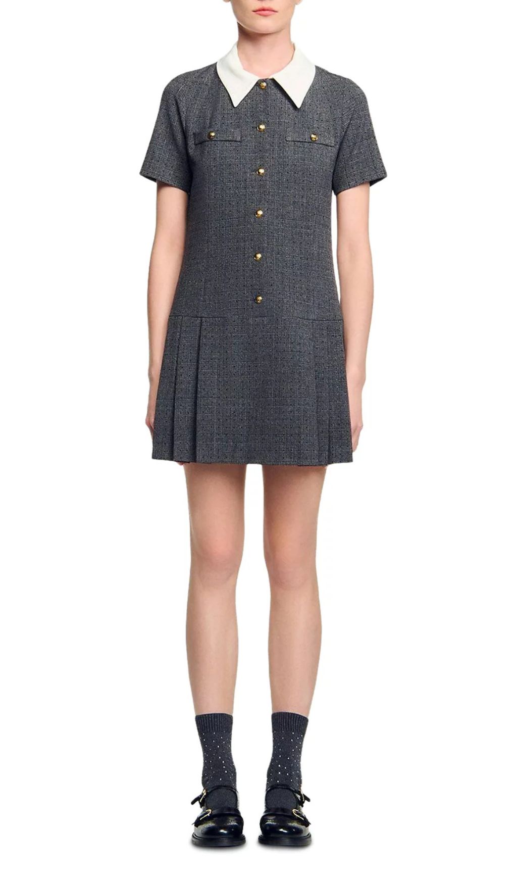 Chic Peter Pan Collar Mini Dress - Gray Tweed with Pleats & Golden Accents