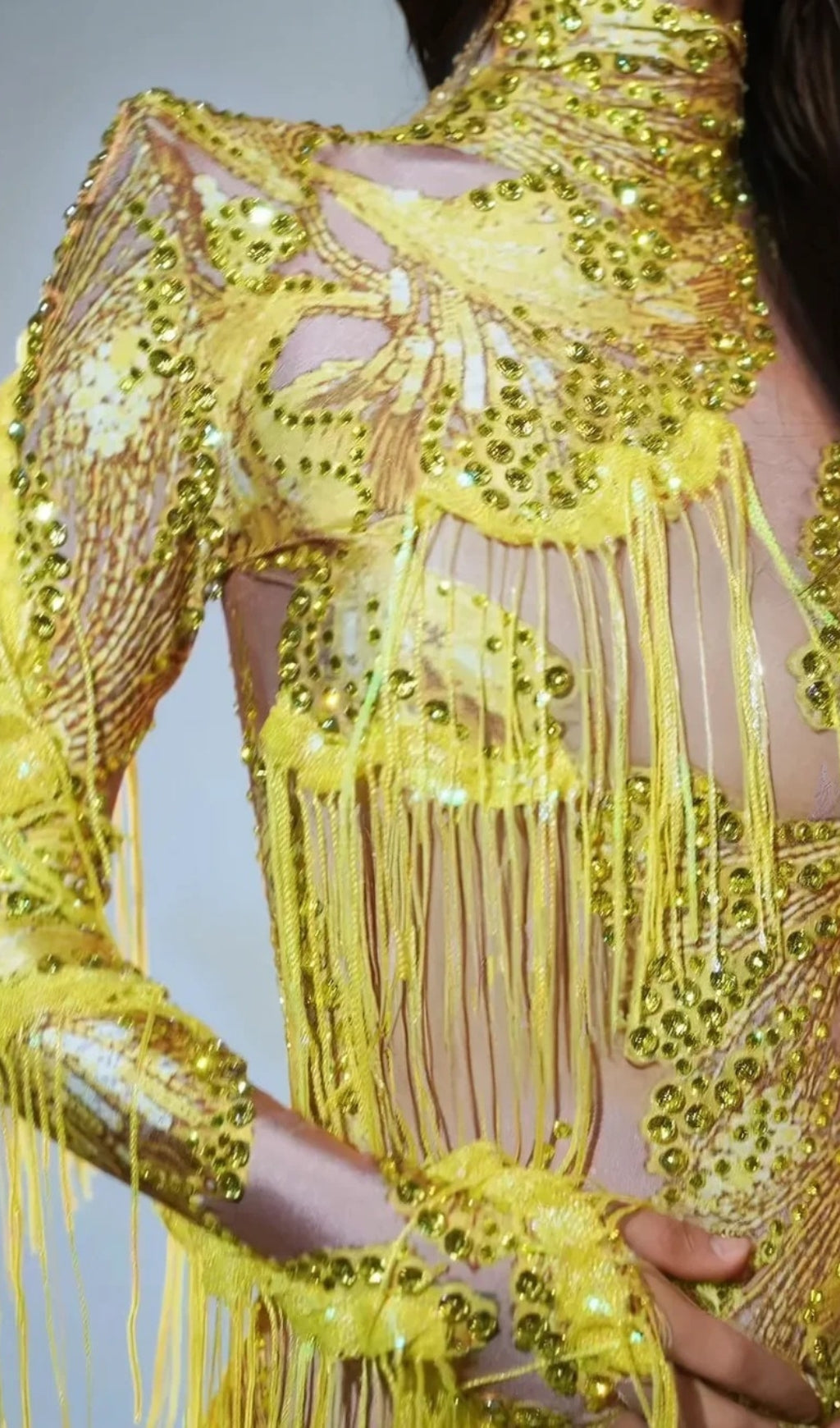 Shatora One Shoulder Rhinestone Fringe Bodysuit In Yellow