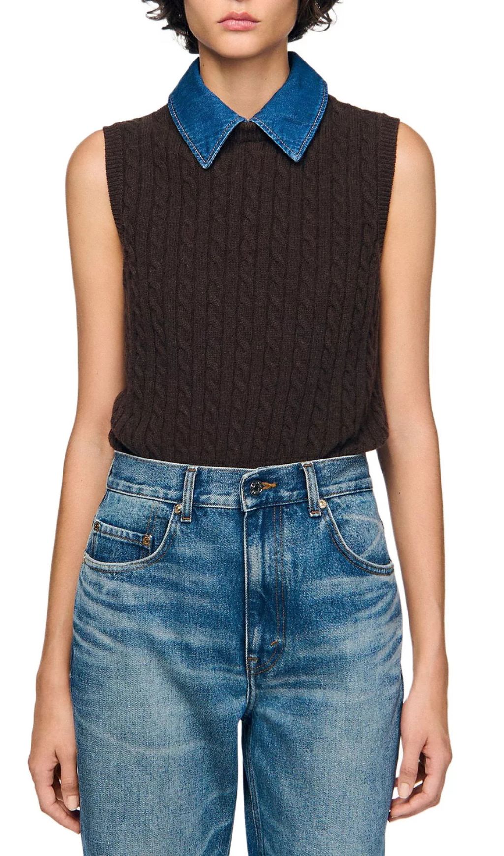 Chic Denim Collar Cable Knit Sleeveless Sweater Vest for Women