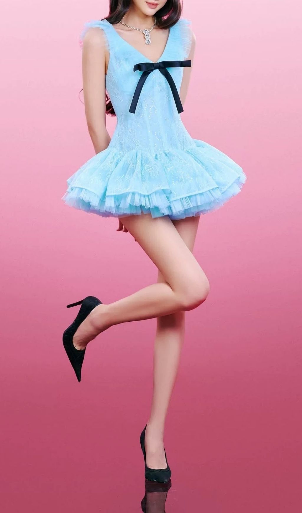 Kelsea Blue Lace Mini Dress: Flirty Tulle Ruffle & Chic Bow Detail