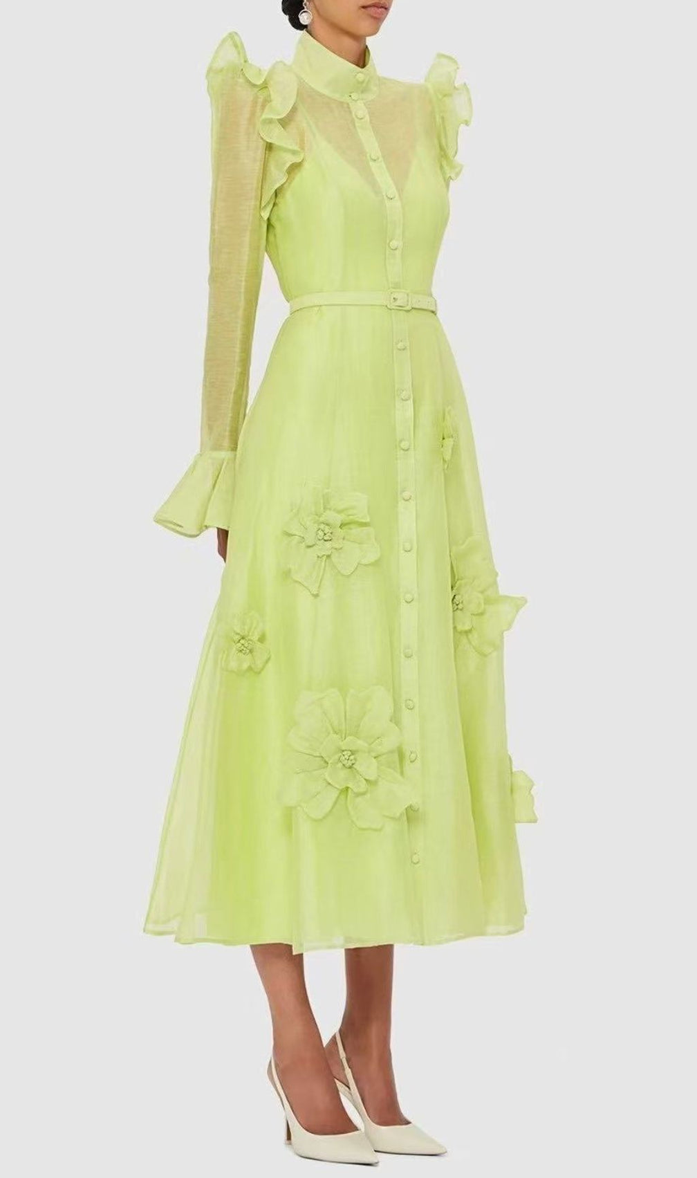 Elula Green Long Sleeve Flower Midi Dress