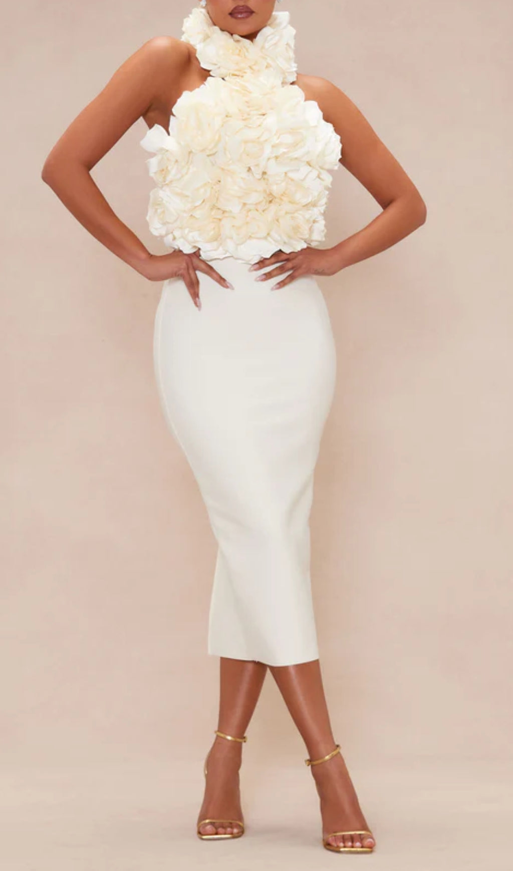 Halter Floral Midi Dress White