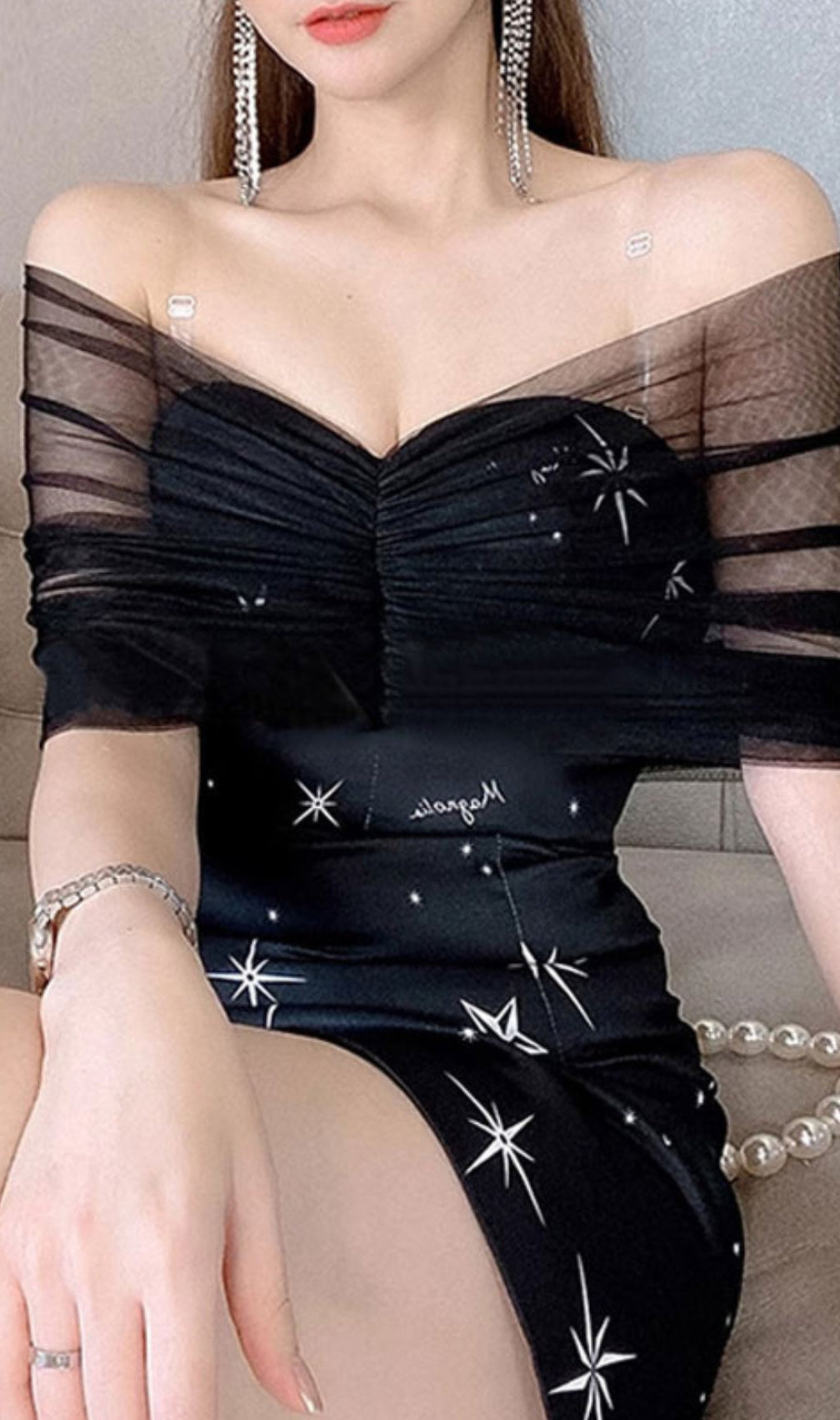 Mesh Bateau Collar Detachable Shoulder Strap Hip Wrap Dress