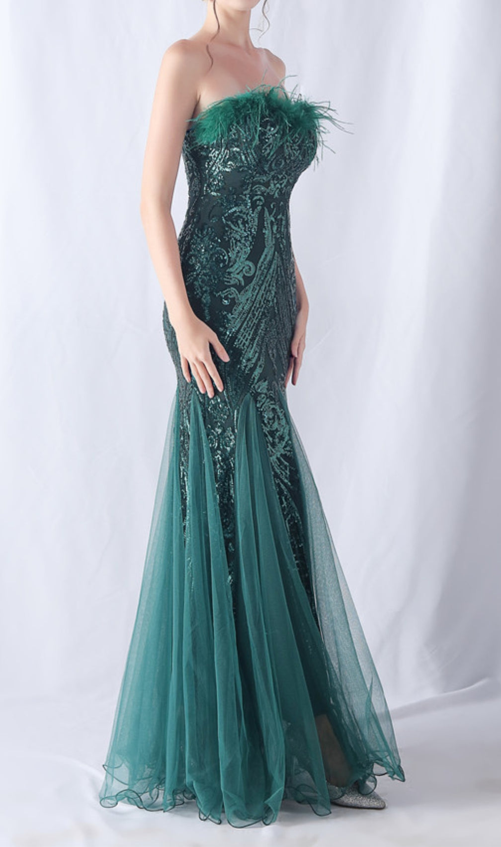 Choire Green Sequin Feather Maxi Dress