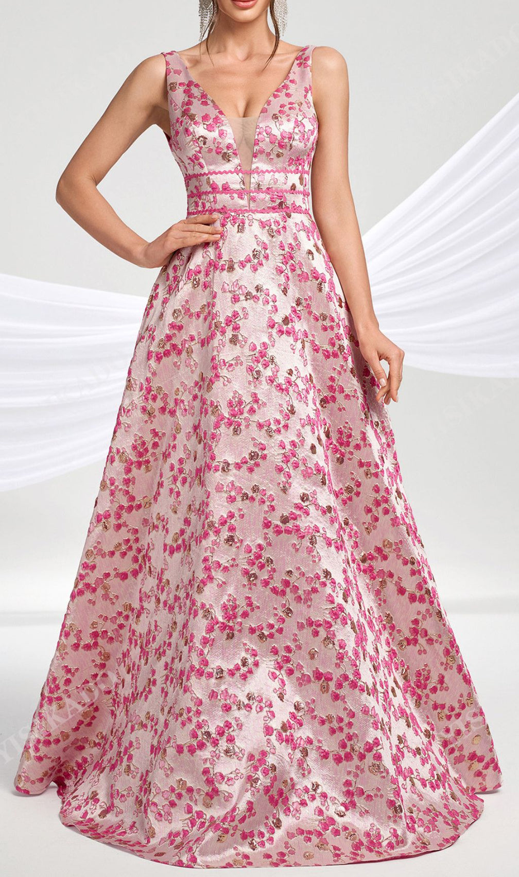 Hamida Enchanting Pink Floral V-Neck Maxi Dress | Elegant Gown for Women