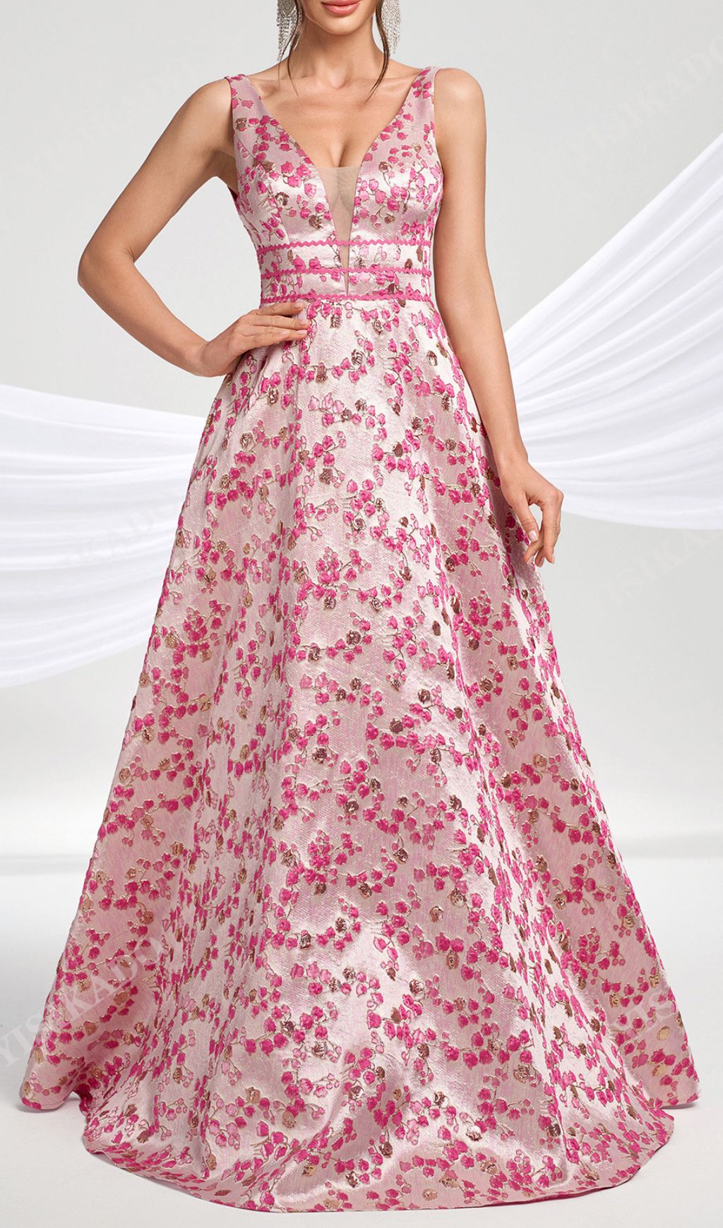 Hamida Enchanting Pink Floral V-Neck Maxi Dress | Elegant Gown for Women