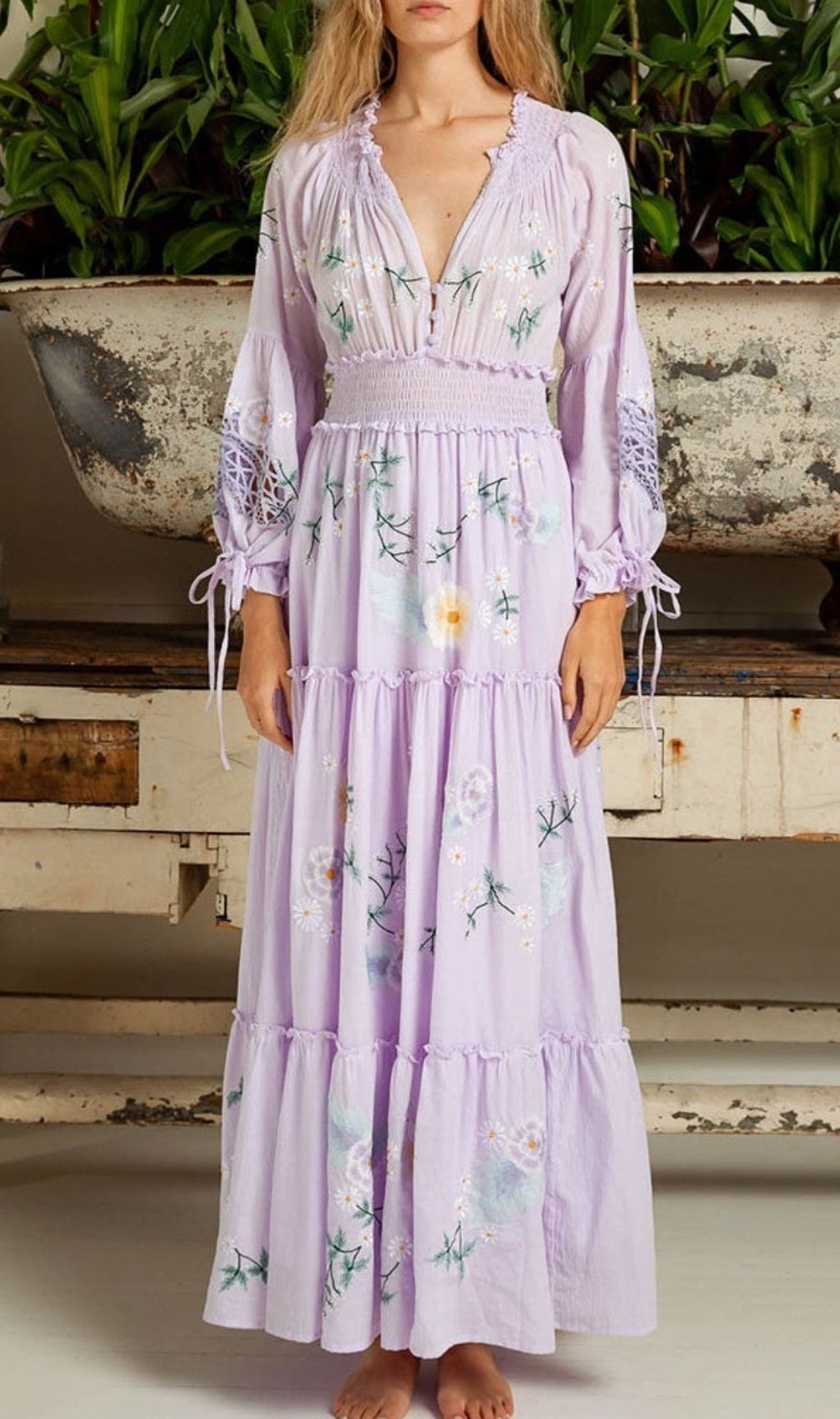 Kamalani Lavender Dreams Embroidered Maxi Dress | Bohemian Floral Tiered Gown