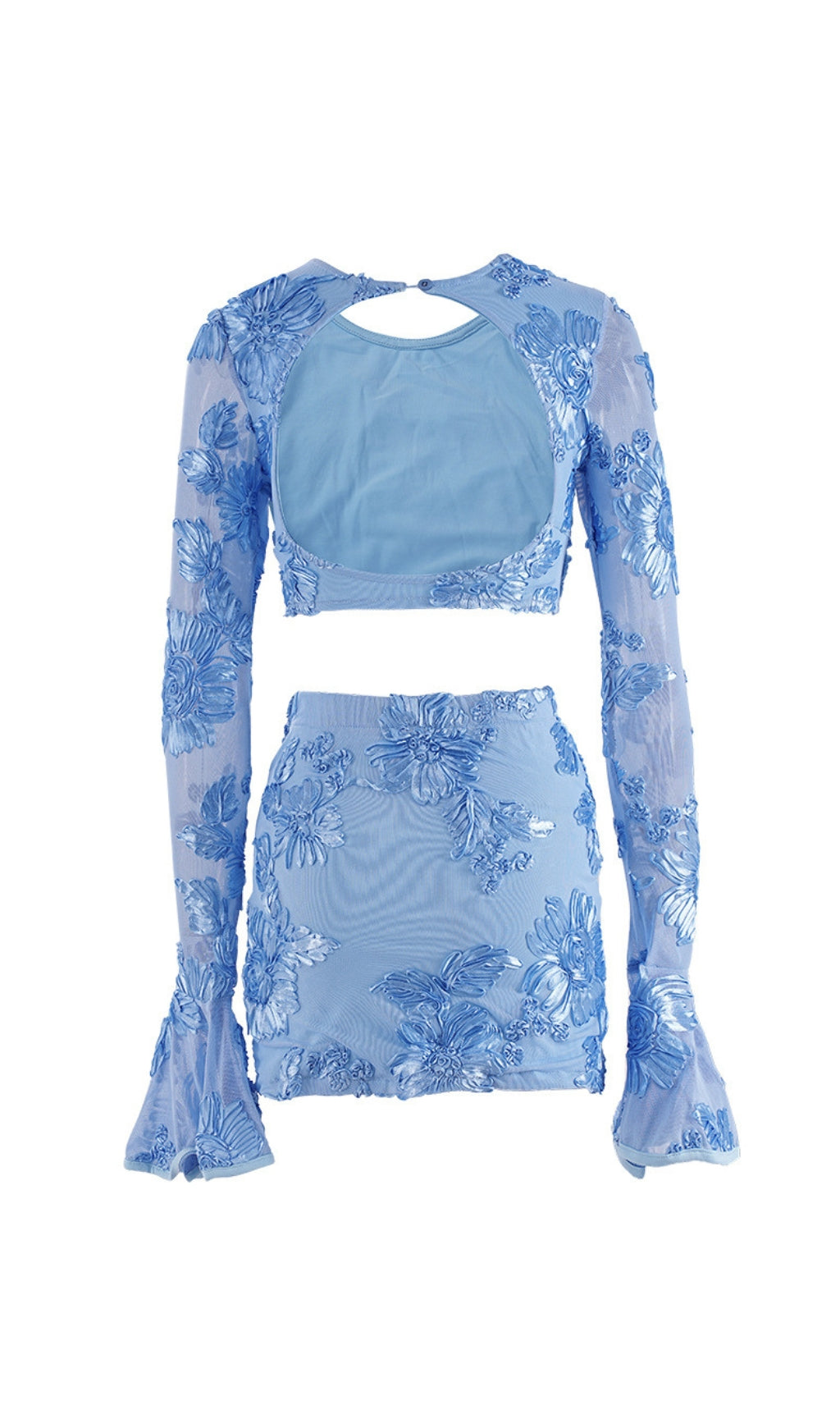 Daisy Flower Embroidery Flared Sleeve Skirt Set