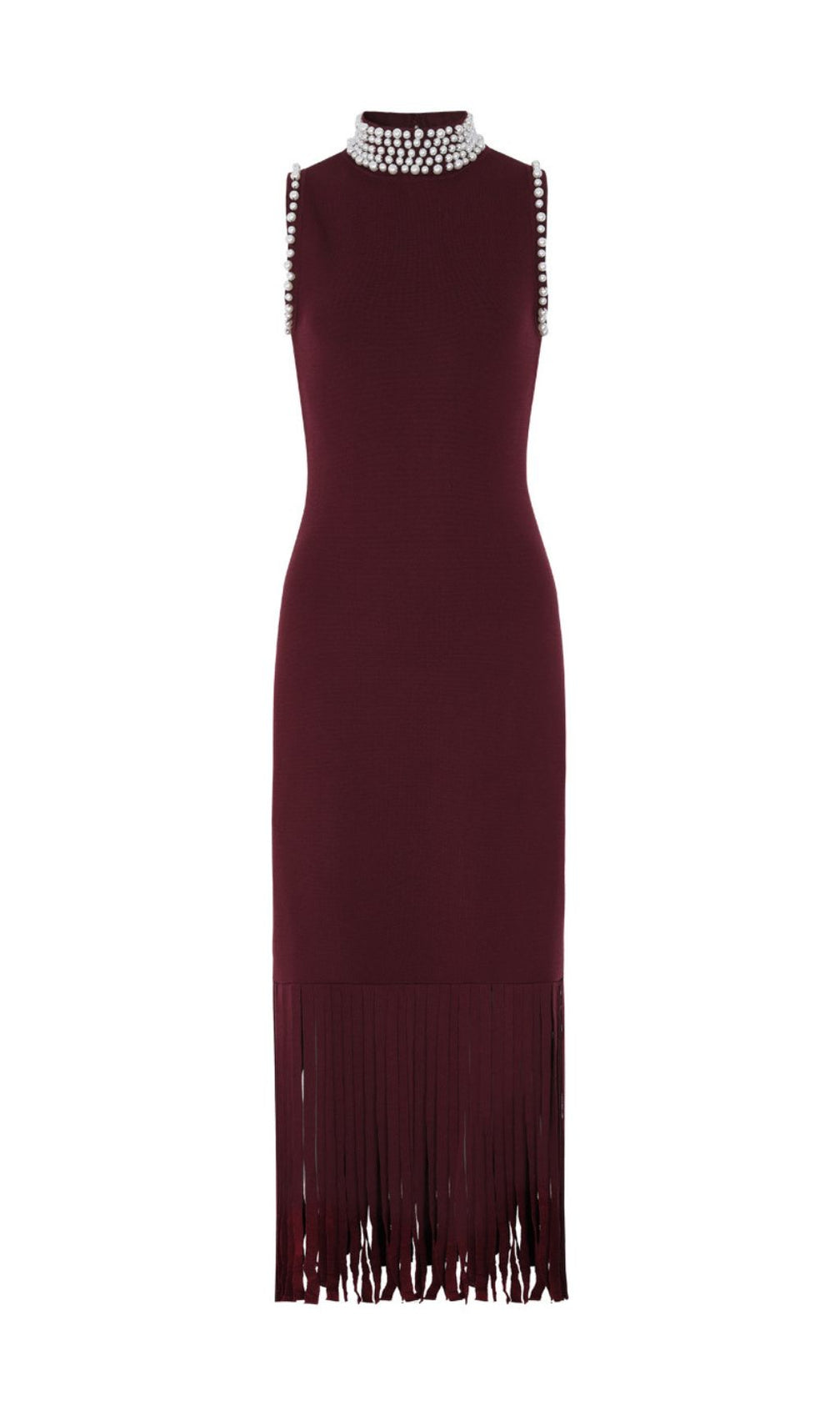 Junko Pearl Choker Sleeveless Knit Maxi Dress with Fringe Hem