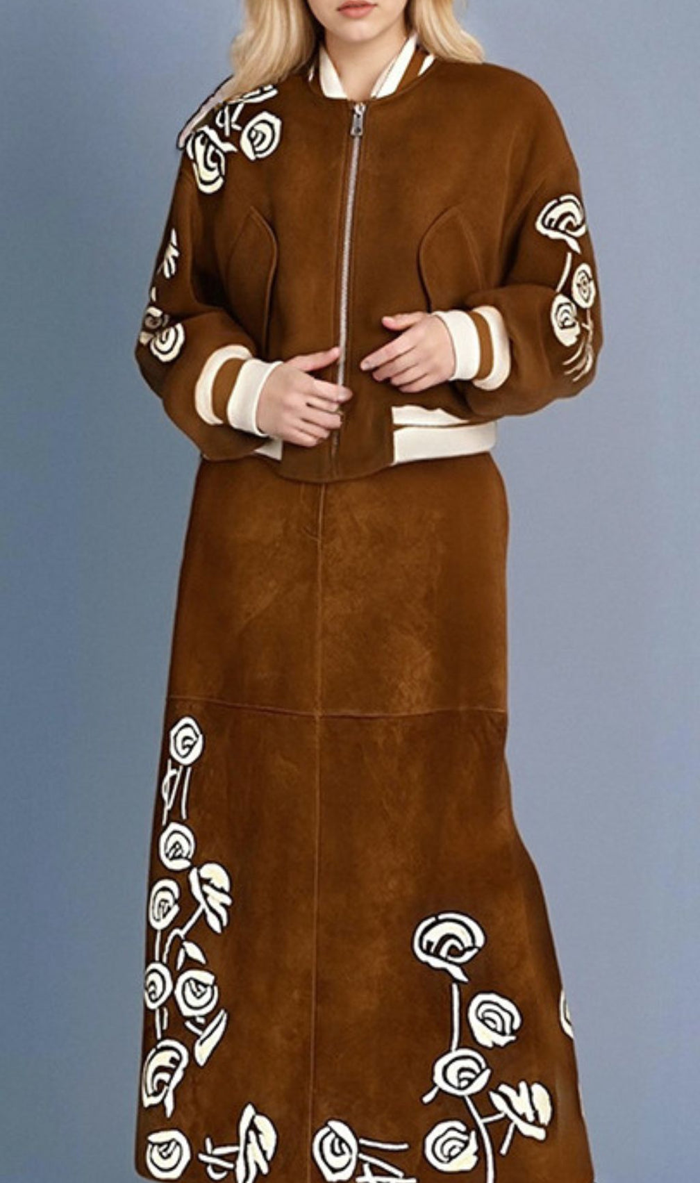 Huda Chic Brown Embroidered Faux Suede Bomber Jacket & Midi Skirt Set