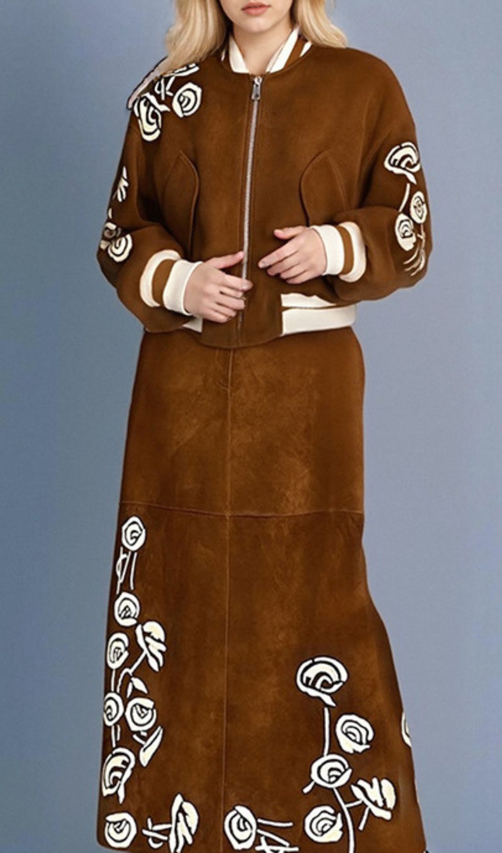 Huda Chic Brown Embroidered Faux Suede Bomber Jacket & Midi Skirt Set