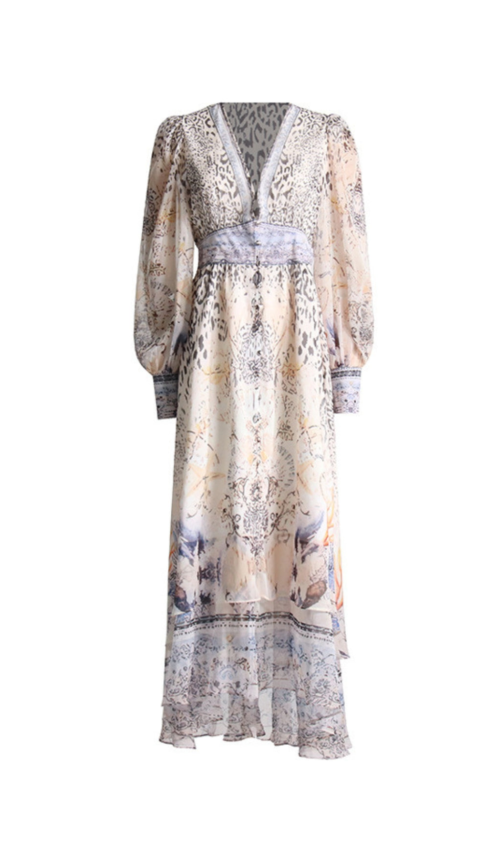 Long Sleeve Deep V-Neck Leopard Pattern Wrapped Waist Maxi Dress