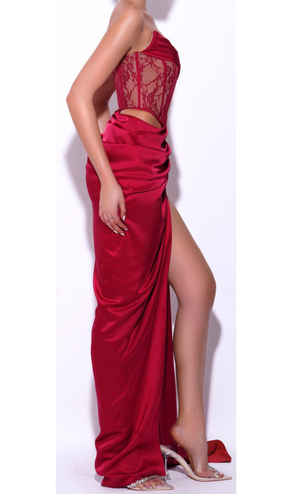 Corset Satin Pleated Maxi Dress In Red