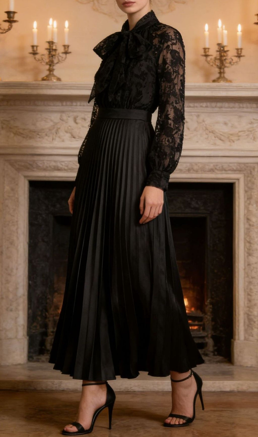 Kandy Elegant Black Lace Pleated Midi Dress | Long Sleeve Bow Tie Style