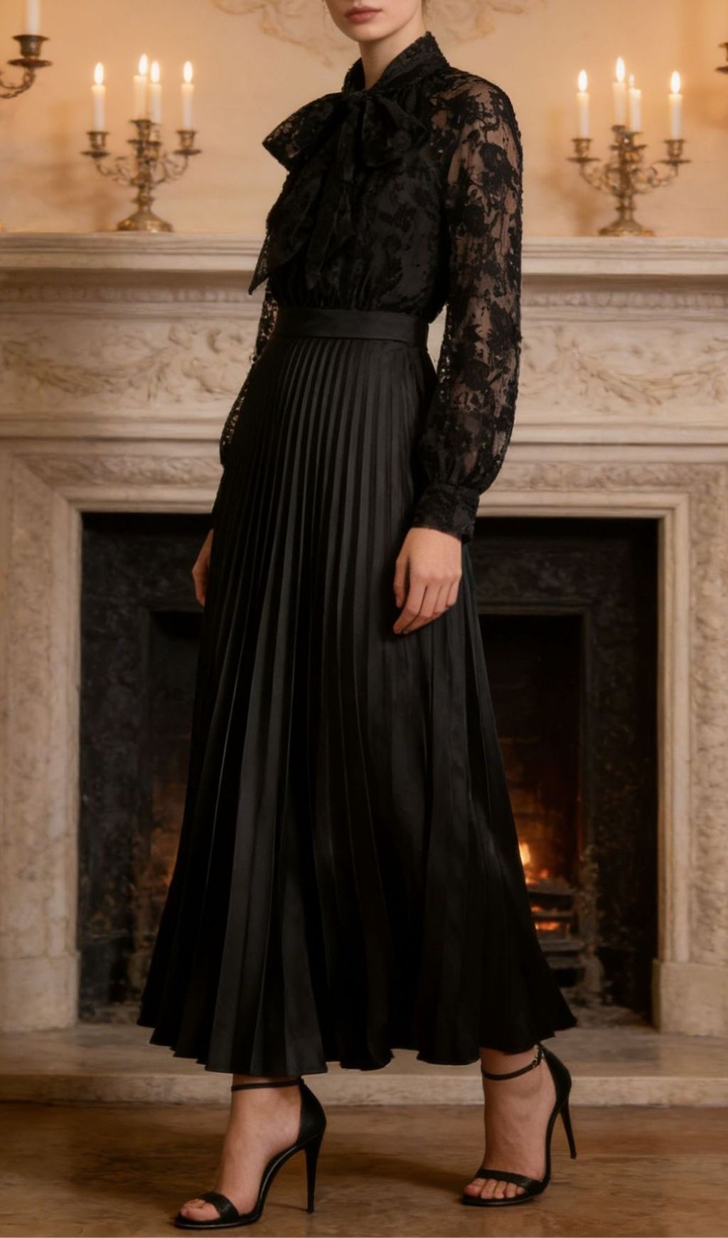 Kandy Elegant Black Lace Pleated Midi Dress | Long Sleeve Bow Tie Style