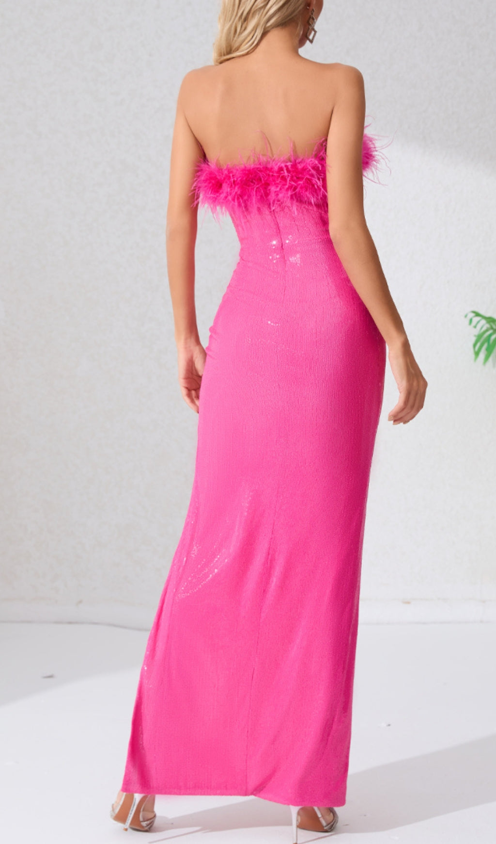 Pink Feather Sequin Maxi Dress