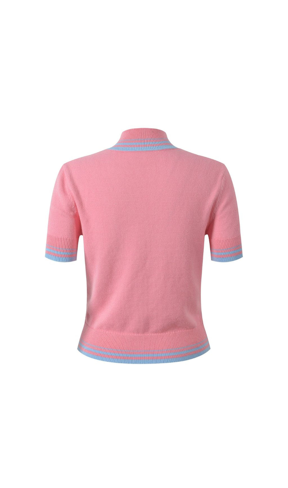 Chic Pink & Blue Stripe Mock Neck Ribbed Knit Top | Women's Short Sleeve