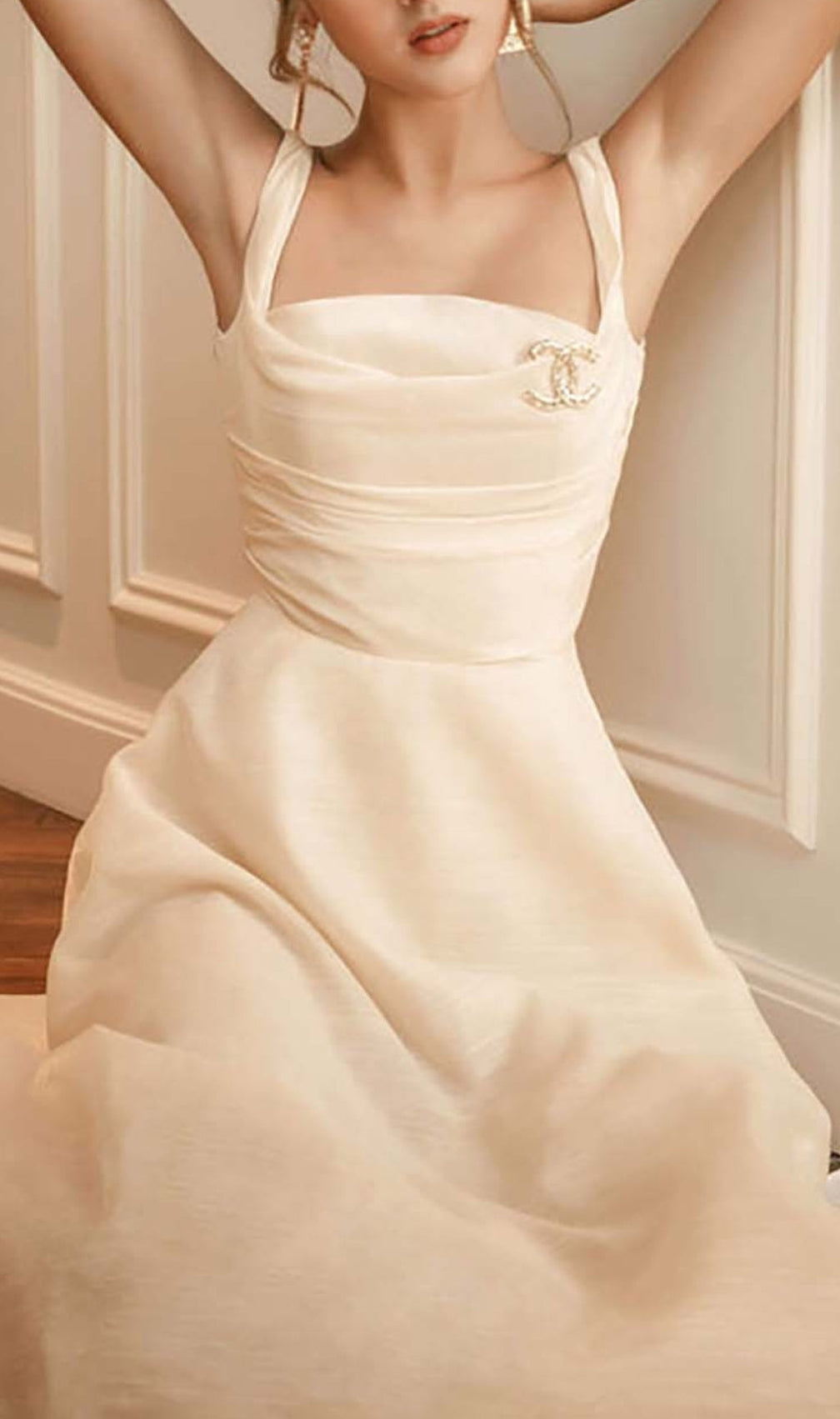 Pleated Cami Slim Midi Dress In White