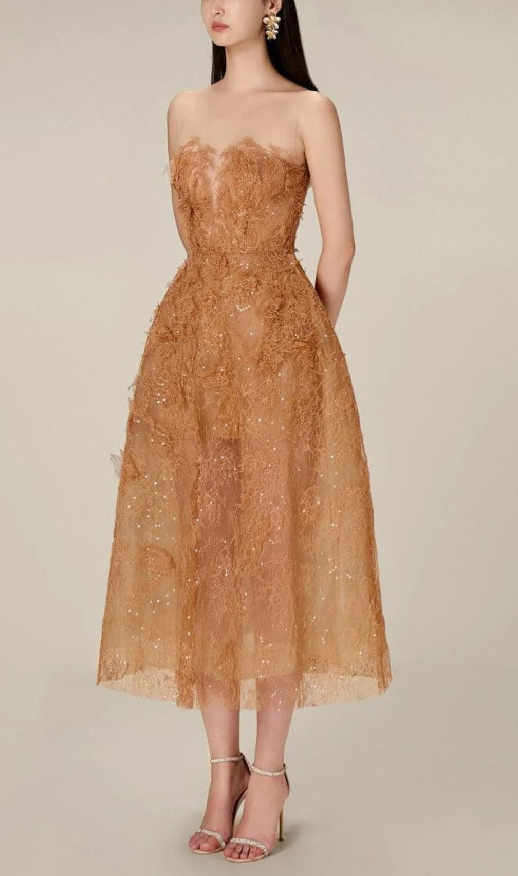 Allyson Caramel Floral Lace Embroider Midi Dress