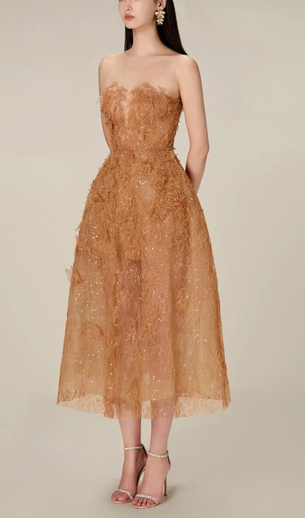 Allyson Caramel Floral Lace Embroider Midi Dress