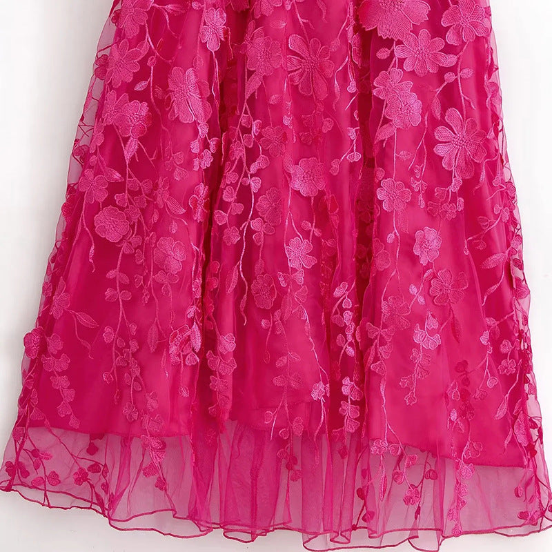 Enchanting Ilka Pink Floral Embroidered Midi Dress for Women