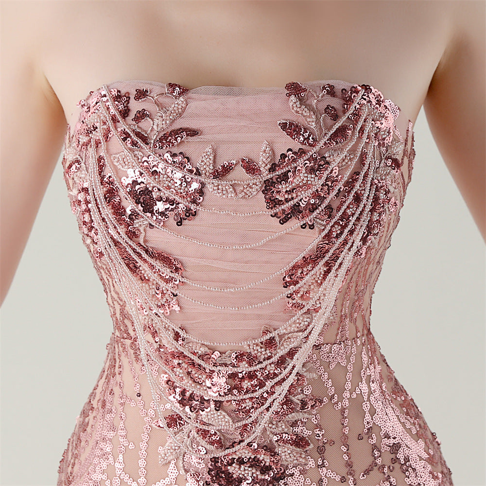 Ikuye Rose Gold Sequin Strapless Mermaid Gown - Gala & Prom Maxi Dress