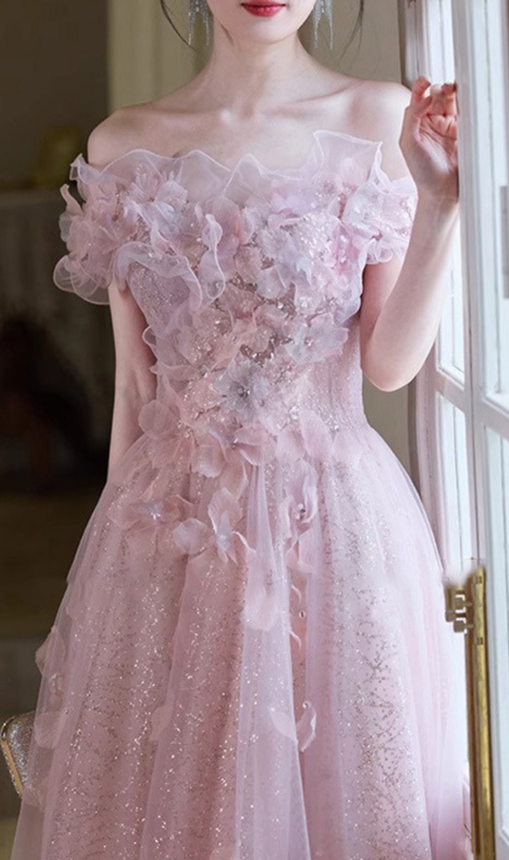 Hanne Pink Flower Off-Shoulder Maxi Dress