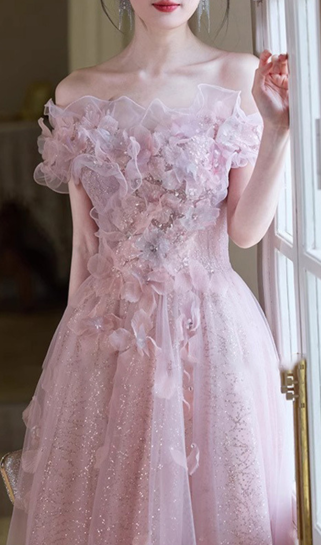 Hanne Pink Flower Off-Shoulder Maxi Dress