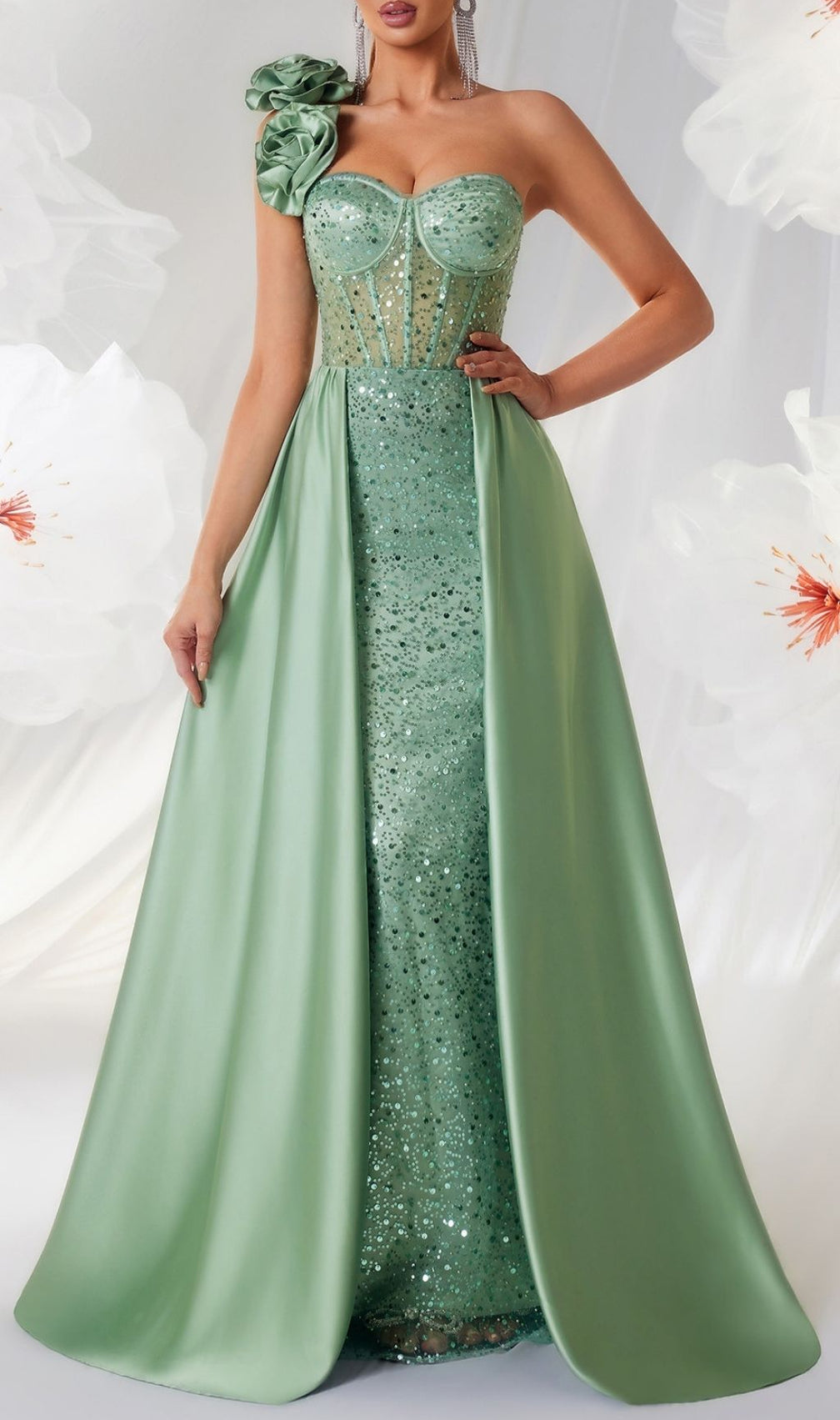 Stunning Kendi Green One-Shoulder Corset Sequin Maxi Gown