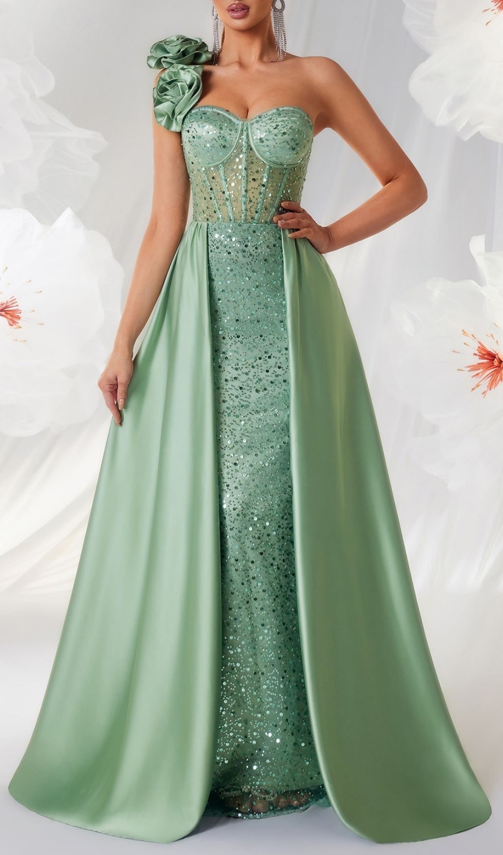 Stunning Kendi Green One-Shoulder Corset Sequin Maxi Gown