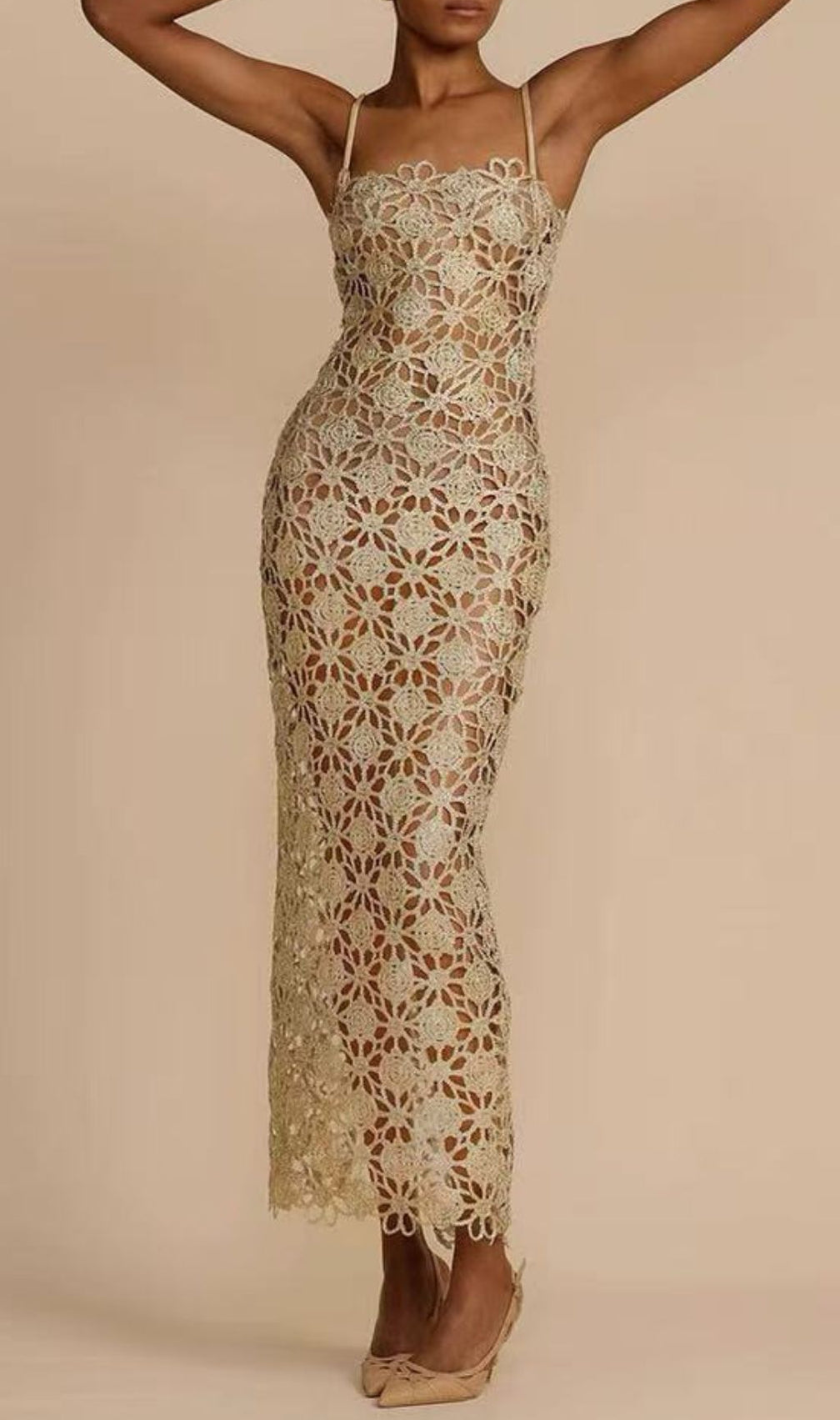 Kakalina Golden Crochet Maxi Dress - Strappy Hollow Out Evening Gown