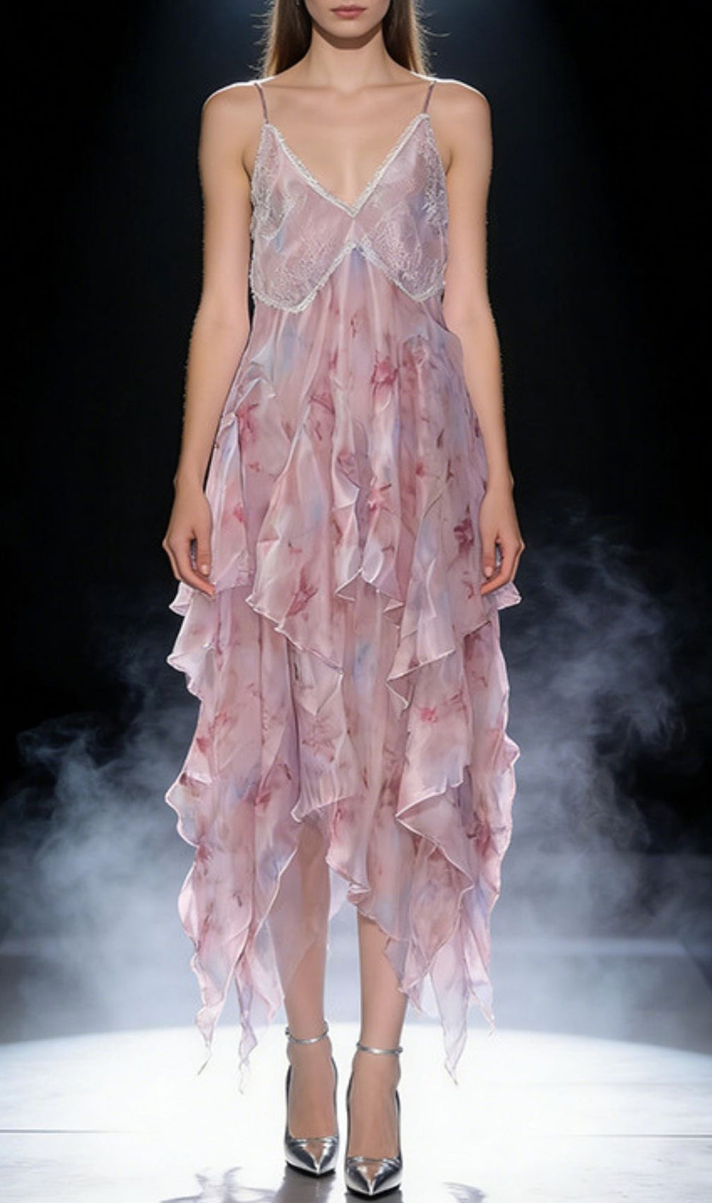 Kaloni Ethereal Lavender Floral Ruffled Maxi Dress - Strappy V-Neck Chiffon Gown