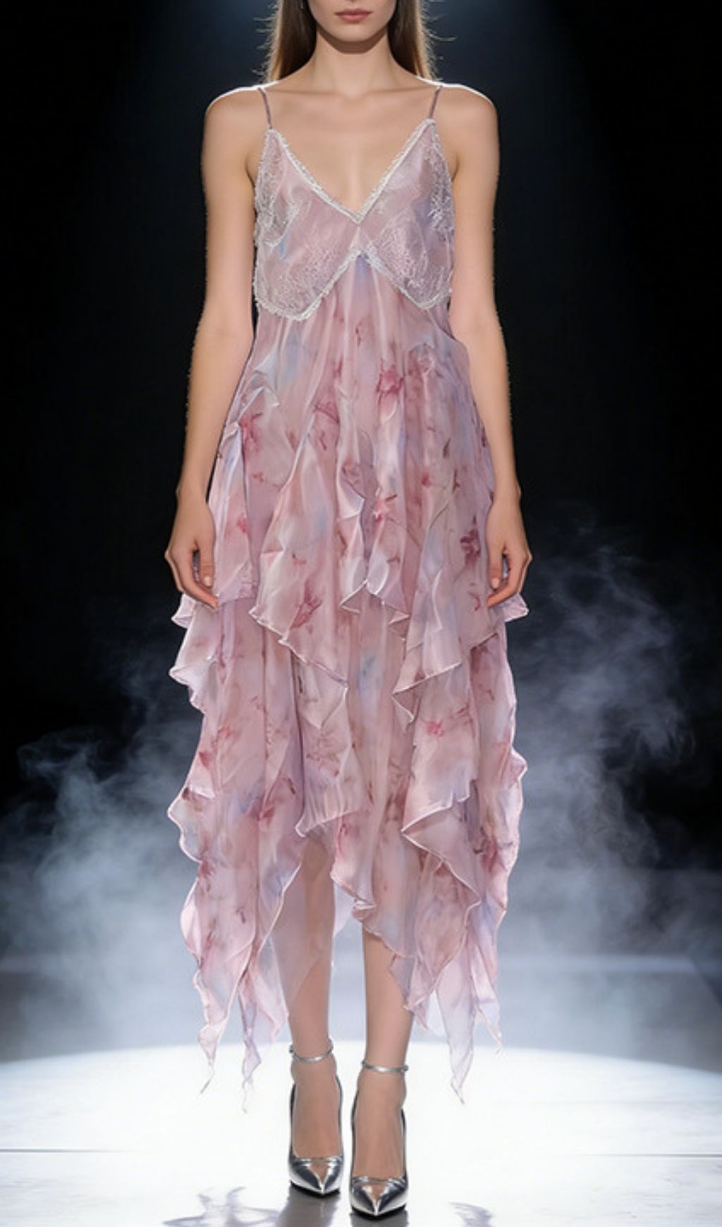 Kaloni Ethereal Lavender Floral Ruffled Maxi Dress - Strappy V-Neck Chiffon Gown