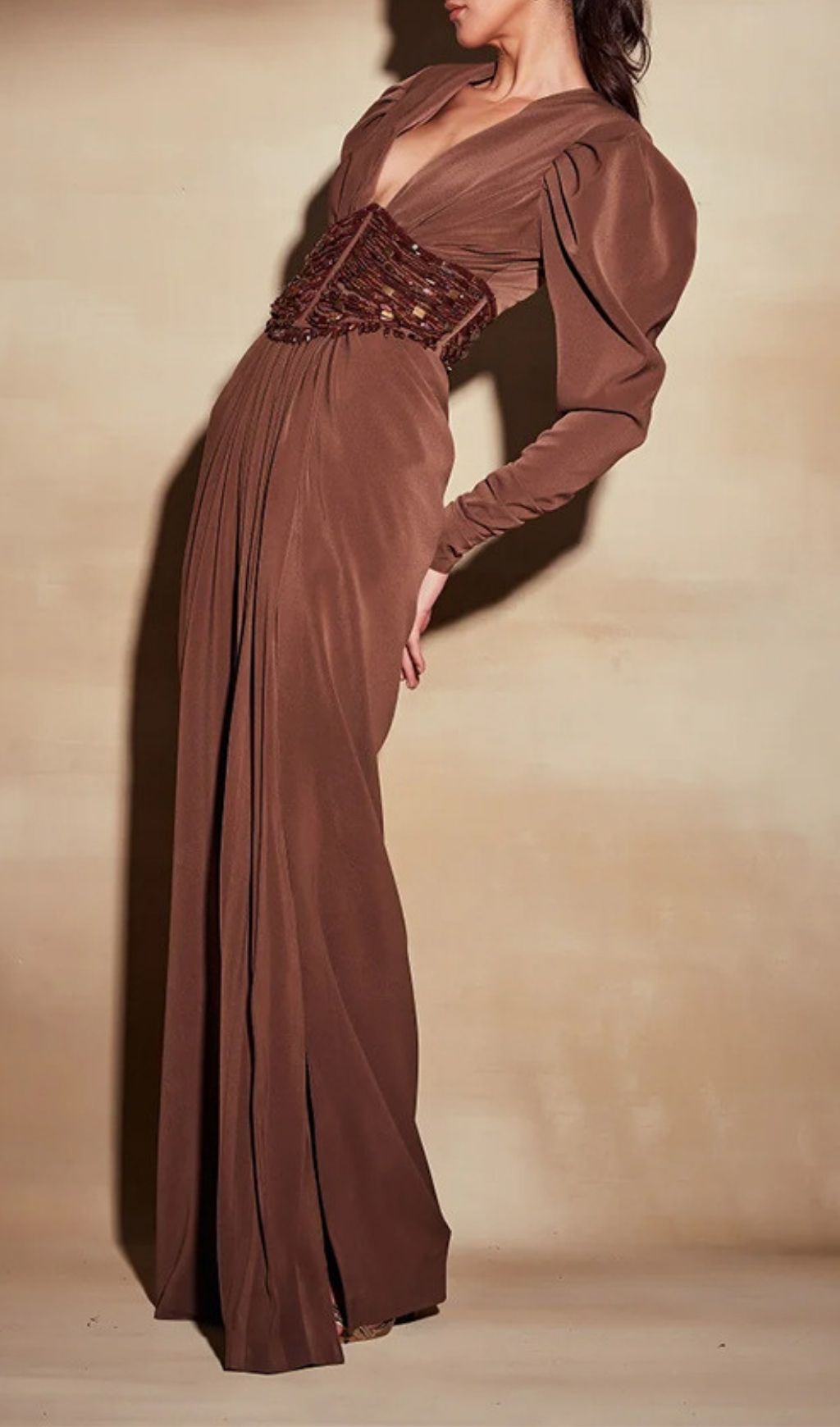 Ciqala V-Neck Maxi Dress: Beaded Corset Waist, Statement Sleeves & High Slit