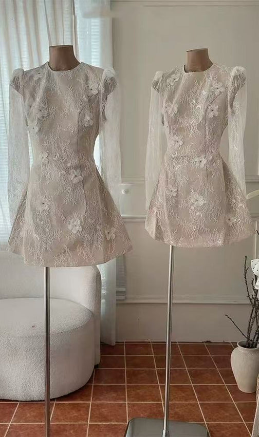 AMY Elegant Beige Floral Lace Mini Dress | Puffed Long Sleeve & Sheer Appliques